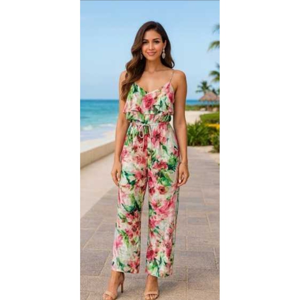 Anthropolphie Fleur Wood Silk Floral Ruffle Straight Leg Jumpsuit XS